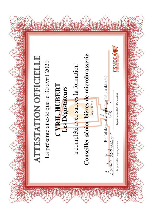 Certificat CSMOCA Senior décerné à Cyril Hubert