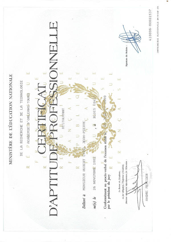 Certificat aptitude professionnelle décerné à Cyril Hubert