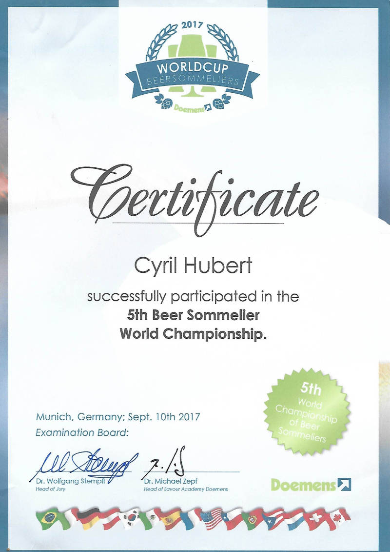 Certificat de participation de Cyril Hubert au 5ème championnant du monde des sommeliers de la bière