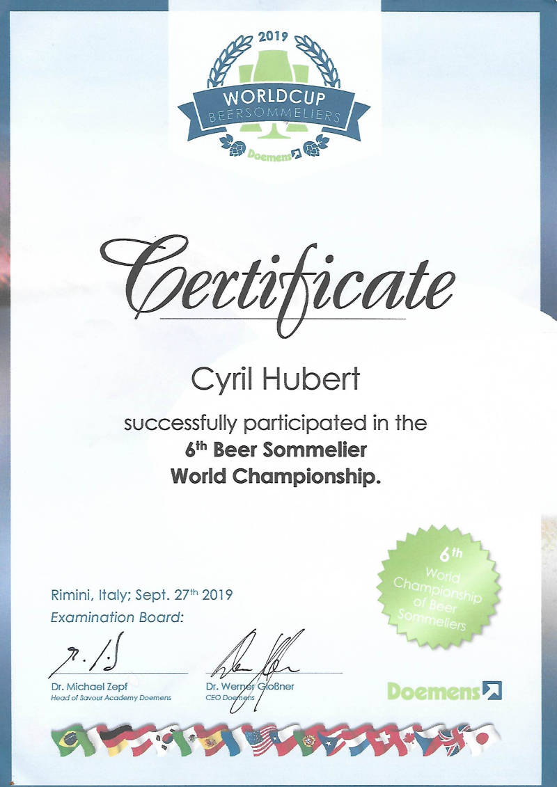 Certificat de participation de Cyril Hubert au 6ème championnant du monde des sommeliers de la bière
